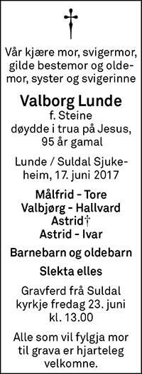 Valborg Lunde, død 17.06.2017