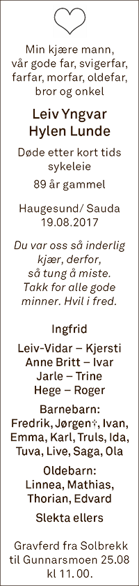 Leiv Yngvar Hylen Lunde, død 19.08.2017