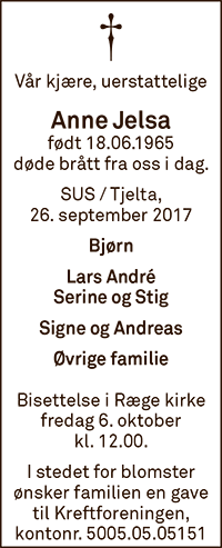 Anne Jelsa, død 26.09.2017