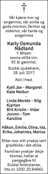 Karly Osmunda Nådland, død 28.07.2017