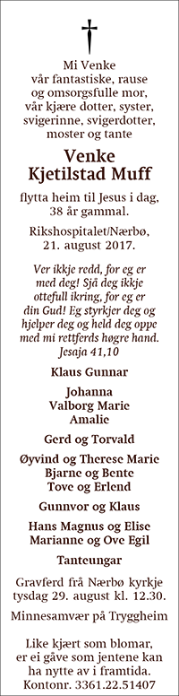 Venke Kjetilstad Muff, død 21.08.2017