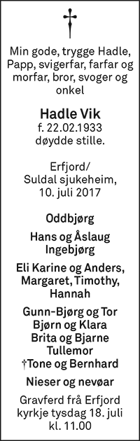 Hadle Vik, død 10.07.2017