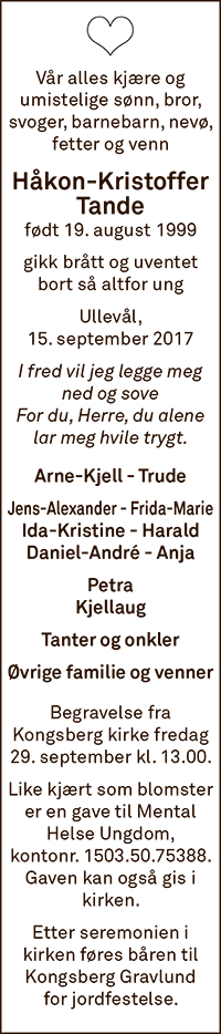 Håkon-Kristoffer Tande, død 15.09.2017