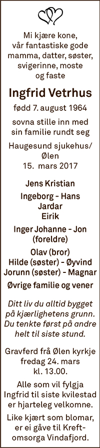 Ingfrid Vetrhus, død 15.03.2017