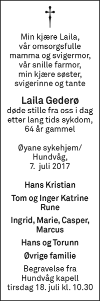 Laila Gederø, død 07.07.2017
