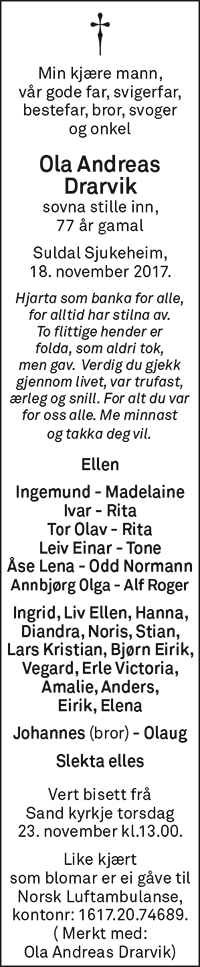 Ola Andreas Drarvik, død 18.11.2017