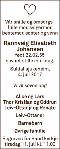Rannveig Elisabeth Johansen, død 04.07.2017