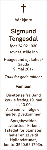 Sigmund Tengesdal, død 09.05.2017