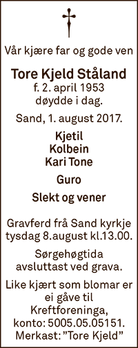 Tore Kjeld Ståland, død 01.08.2017