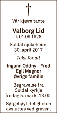 Valborg Lid, død 30.04.2017