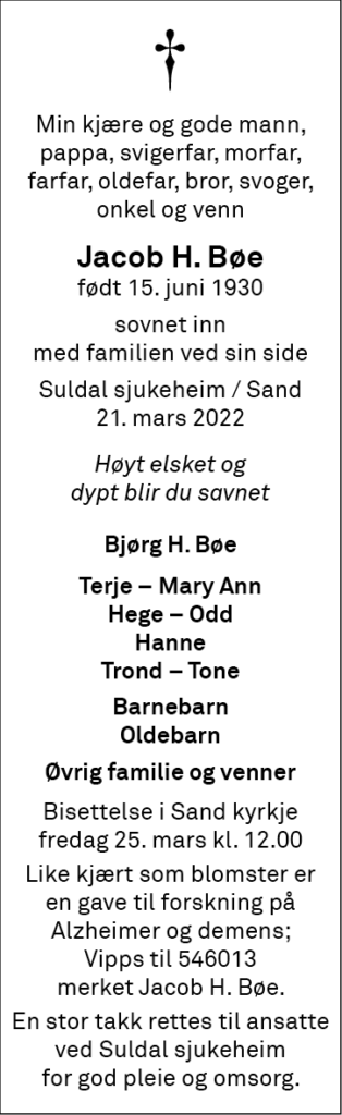 Jacob H. Bøe, død 21.03.2022