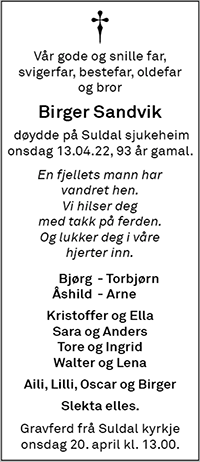 Birger Sandvik, død 13.04.2022