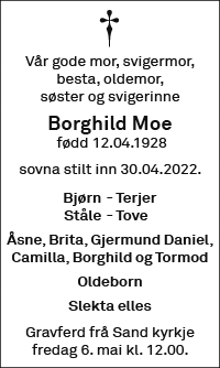 Borghild Moe, død 30.04.2022