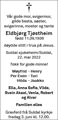 Eldbjørg Tjøstheim, død 22.05.2022