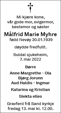 Målfrid Marie Myhre, død 07.05.2022