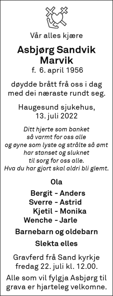Asbjørg Sandvik Marvik, død 13.07.2022