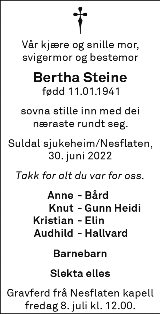 Bertha Steine, død 30.06.2022