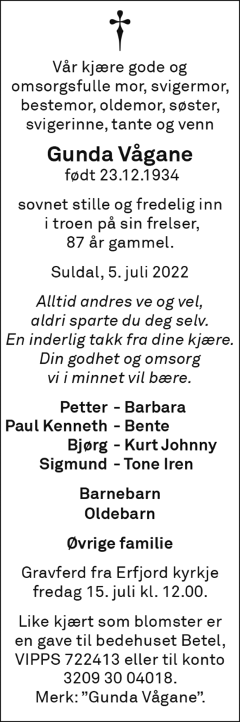 Gunda Vågane, død 05.07.2022