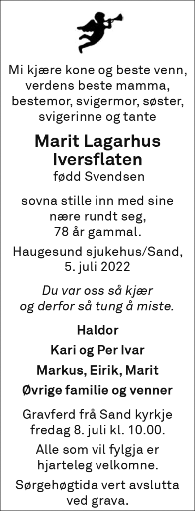 Marit Lagarhus Iversflaten, død 05.07.2022