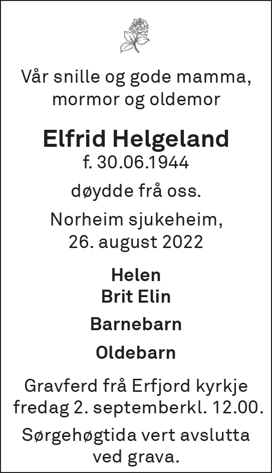 Elfrid Helgeland, død 26.08.2022