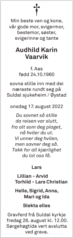 Audhild Karin Vaarvik, død 17.08.2022