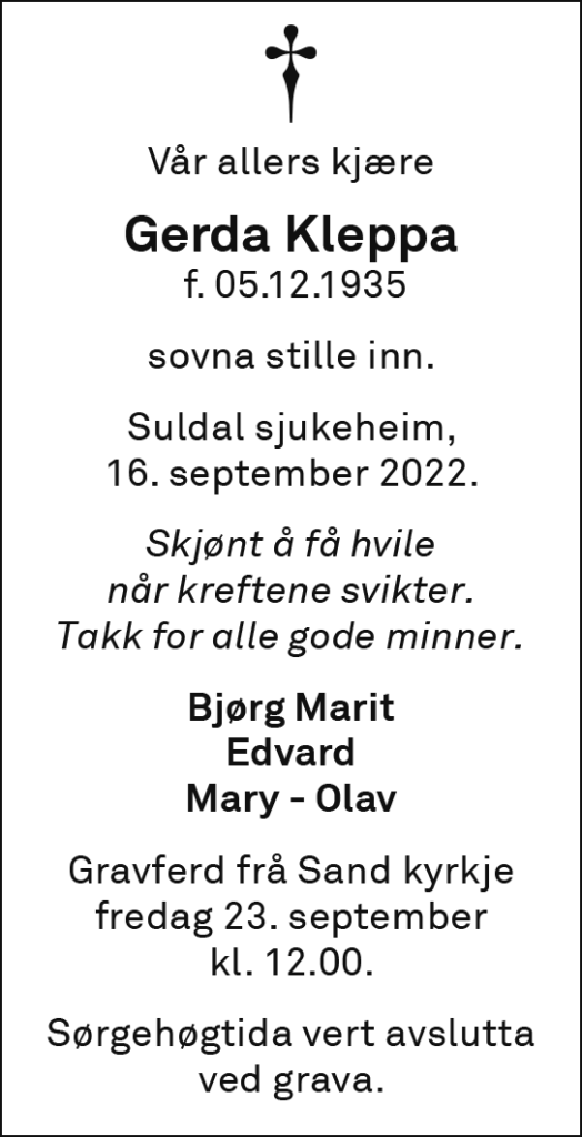Gerda Kleppa, død 16.09.2022