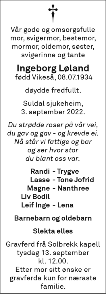 Ingeborg Løland, død 03.09.2022