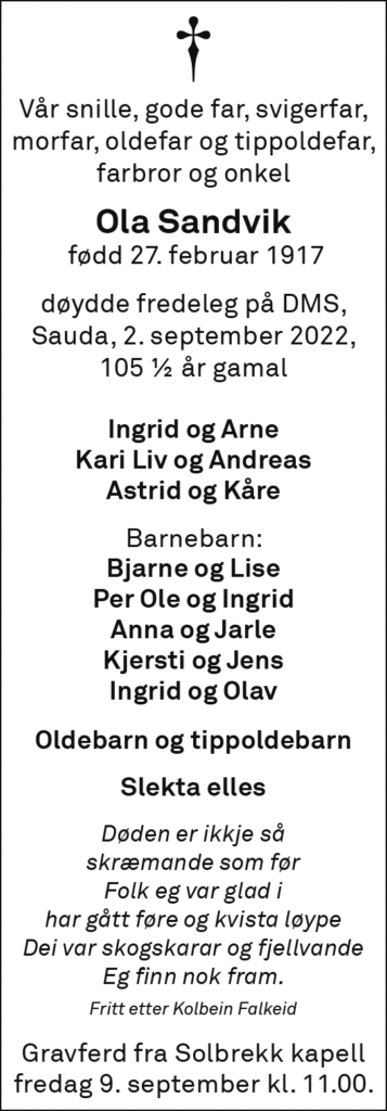 Ola Sandvik, død 02.09.2022