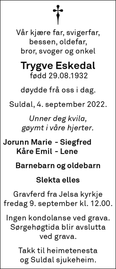 Trygve Eskedal, død 04.09.2022