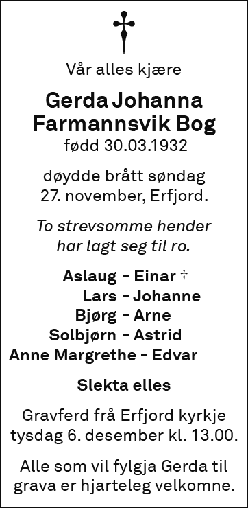 Gerda Johanna Farmannsvik Bog, død 27.11.2022