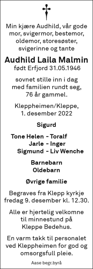 Audhild Laila Malmin, død 01.12.2022