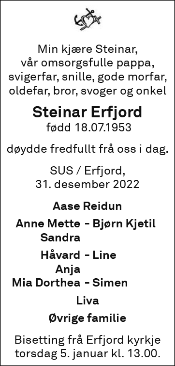 Steinar Erfjord, død 31.12.2022