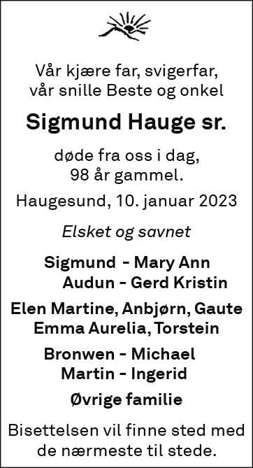 Sigmund Hauge sr., død 10.01.2023