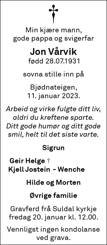 Jon Vårvik, død 11.01.2023