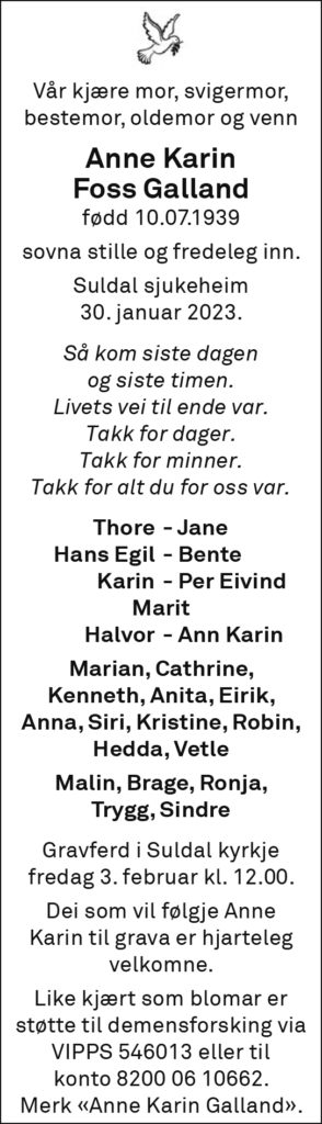 Anne Karin Foss Galland, død 30.01.2023