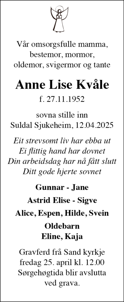 Anne Lise Kvåle, død 12.04.2025