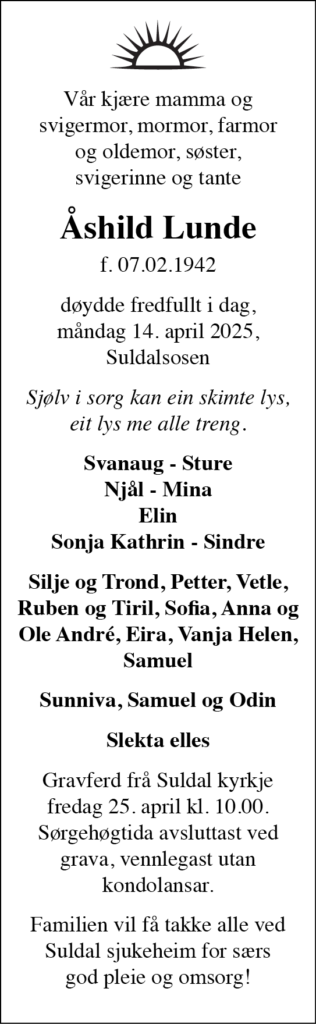 Åshild Lunde, død 14.04.2025