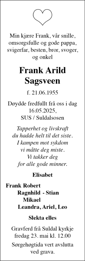 Frank Arild Sagsveen, død 16.05.2025