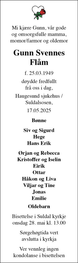 Gunn Svennes Flåm, død 17.05.2025