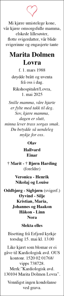 Marita Dolmen Lovra, død 01.05.2025