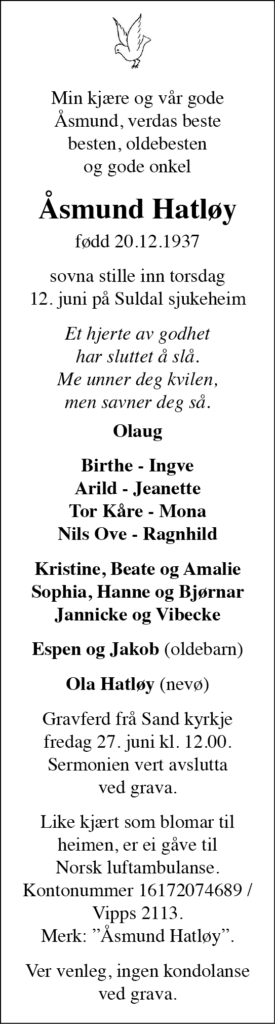 Åsmund Hatløy, død 12.06.2025