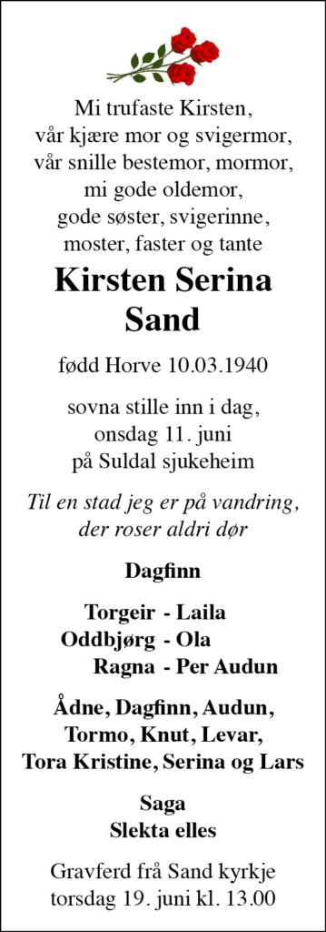 Kirsten Serina Sand, død 11.06.2025
