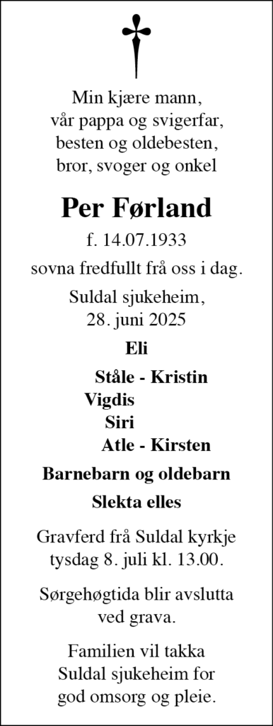 Per Førland, død 28.06.2025