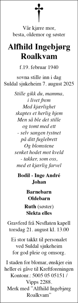Alfhild Ingebjørg Roalkvam, død 07.08.2025