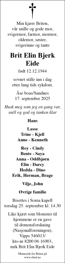 Brit Elin Bjerk Eide, død 17.09.2025