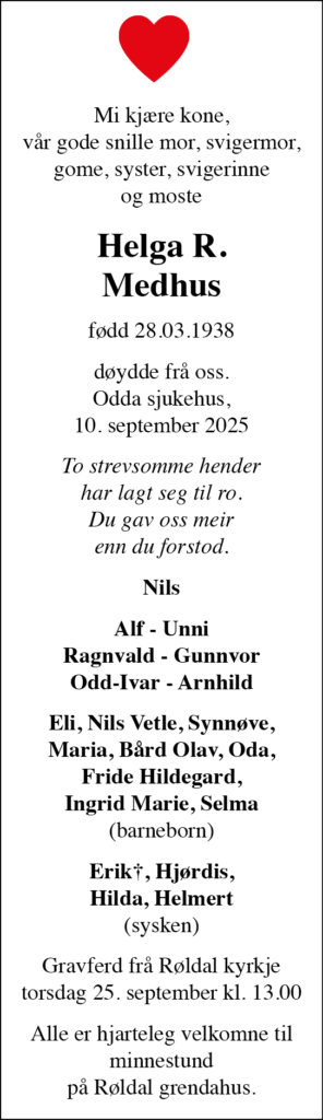 Helga R. Medhus, død 10.09.2025