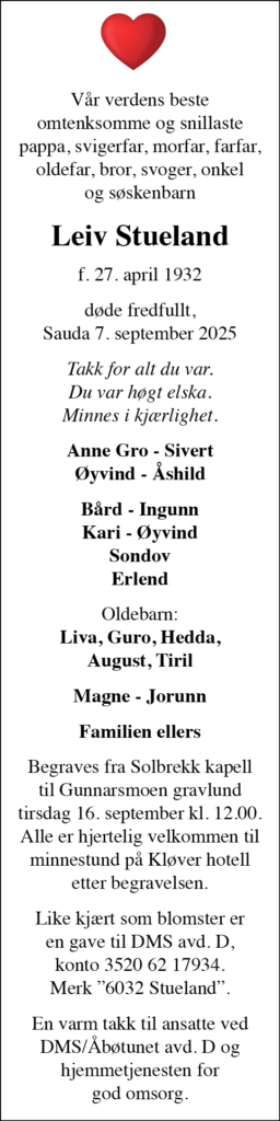Leiv Stueland, død 07.09.2025