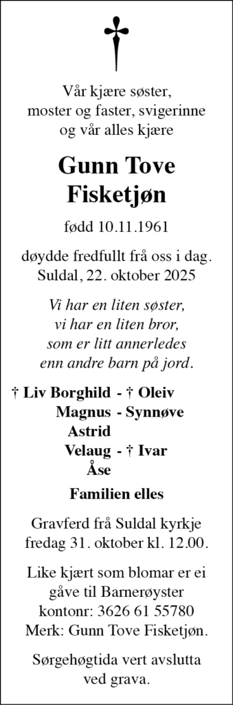 Gunn Tove Fisketjønn, død 22.10.2025