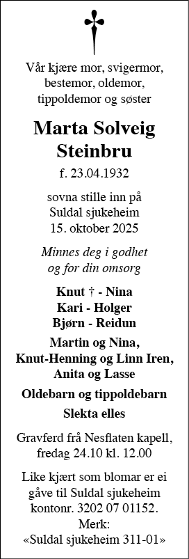 Marta Solveig Steinbru, død 15.10.2025