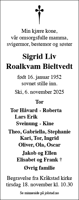 Sigrid Liv  Roalkvam Bieltvedt, død 06.11.2025